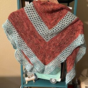 Red and Blue Hand Knit Shawl